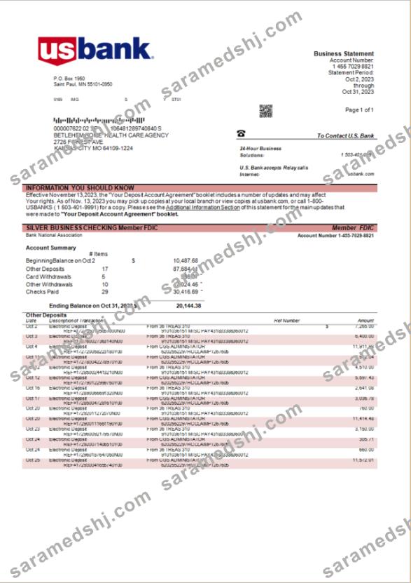 U.S. Bank organization account statement Word and PDF template